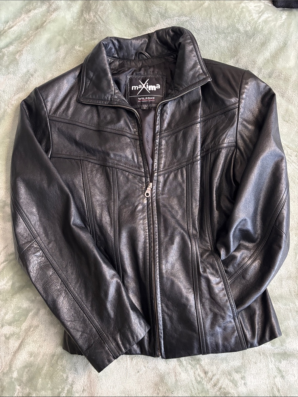 Maxima Black Leather Zip-Up Bomber Jacket